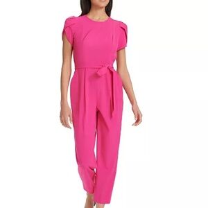 Calvin Klein Short Sleeve Waist Tie Jumpsuit- Teal